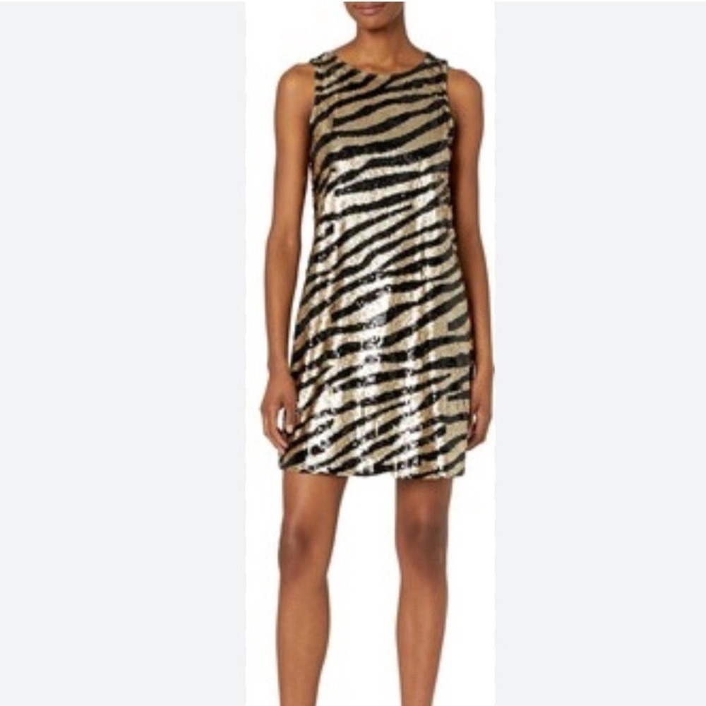 Trina Turk Size 16 Quartz Zebra Sequin Mini Shift Dress Black Gold Cocktail